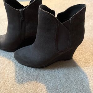 Neiman Marcus dark gray Suede Wedge Ankle Booties